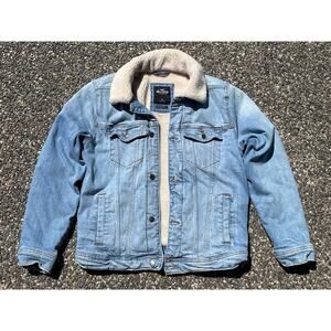 Hollister Men’s Denim epic flex Sherpa Jean Jacket Medium faded blue